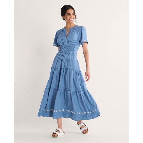 Pendleton Women's Size Medium Blue Embroidered Penelope Linen Tiered Midi Dress - Picture 11 of 11